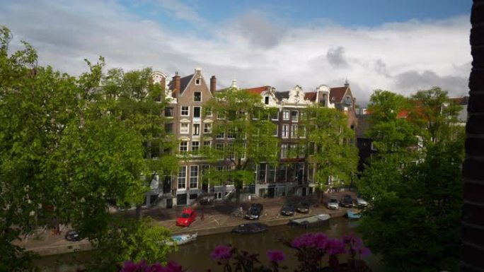 荷兰4k日间阿姆斯特丹市中心屋顶运河慢动作全景