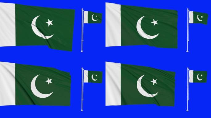 绿屏巴基斯坦两面旗帜挥舞着巴基斯坦旗杆动画3d色度键