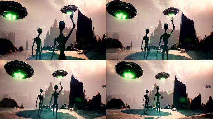 外星人挥手欢迎他的宇宙飞船。以奇幻、科幻或太空为背景的动画。