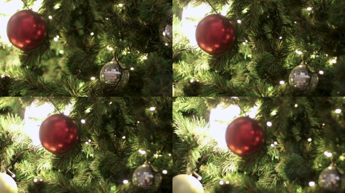 4k极端特写，圣诞红色装饰球挂在圣诞树上，圣诞快乐圣诞节和新年快乐，神秘的童话，圣诞老人，黑暗的魔法