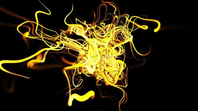 抽象美丽的背景发光的黄色流动的线组成的颗粒。线条在空间中生长并形成抽象美丽的卷发。美丽的一束线条在运