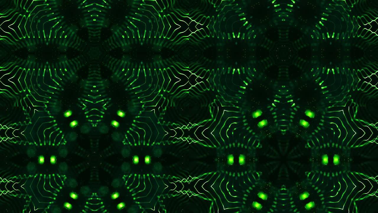 辉光绿色粒子形成线条、表面、星型图案、万花筒结构。4k循环科幻3d背景，具有运动中的抽象对称点结构。