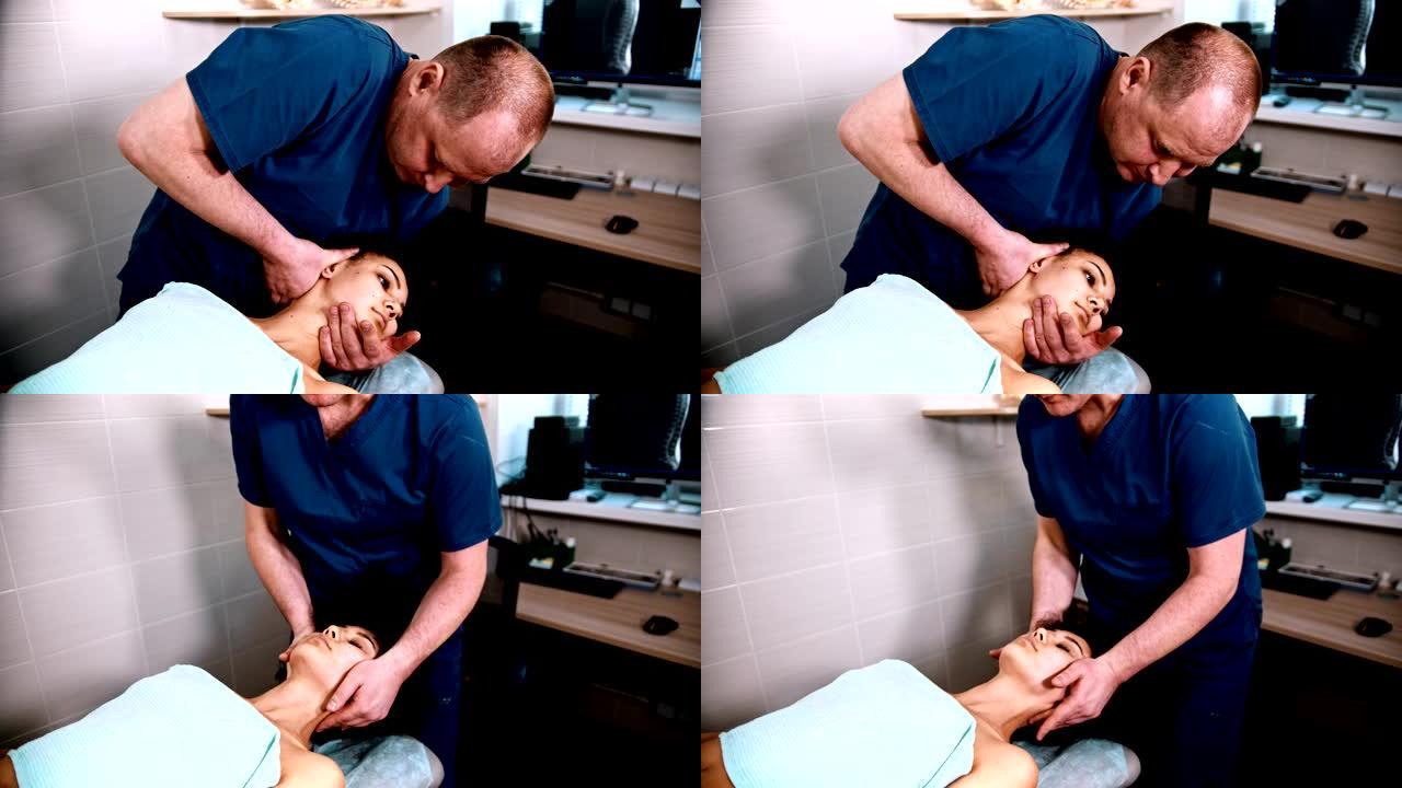 脊椎按摩疗法 -- 医生专家给一名女性患者进行温和的颈部按摩 -- 将颈部弯曲到两侧