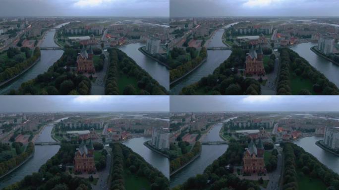 无人机清晨飞向俄罗斯柯尼斯堡大教堂