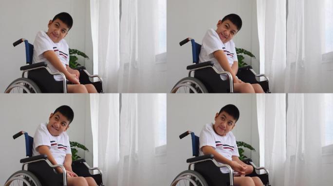 坐在轮椅上的残疾男孩