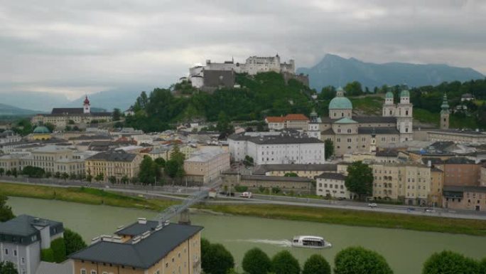 多云的一天萨尔茨堡中央城市景观河山景点全景4k奥地利