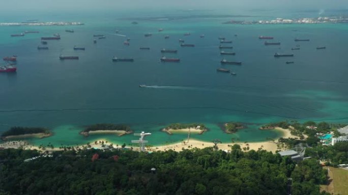 新加坡城市晴天著名圣淘沙岛海滩海岸线油轮停车空中全景4k