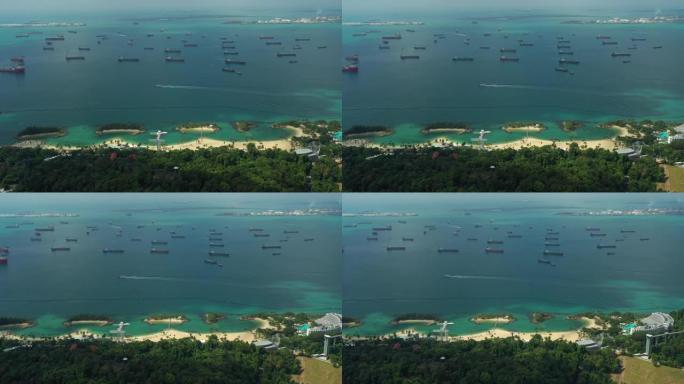 新加坡城市晴天著名圣淘沙岛海滩海岸线油轮停车空中全景4k