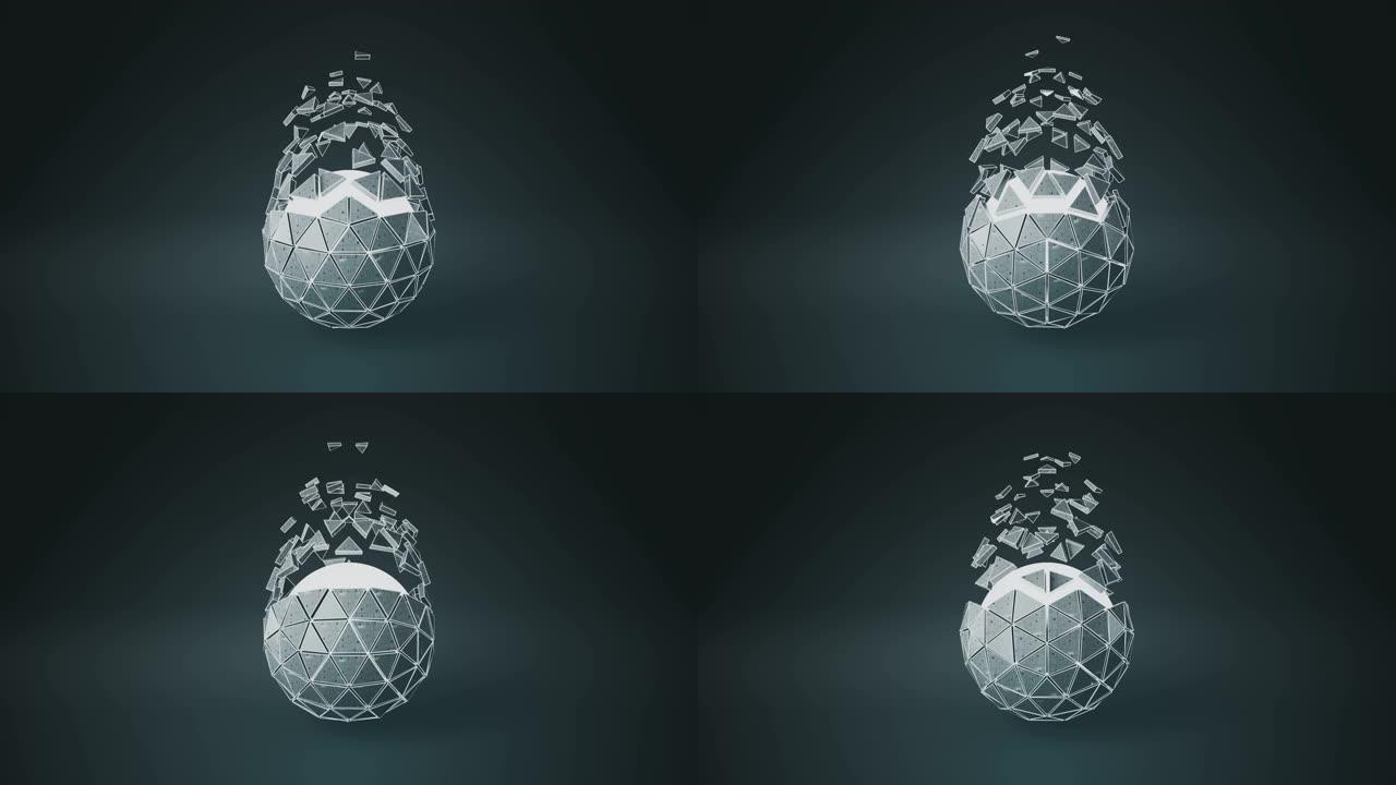 二十面体球形状和飞行多边形可循环3D渲染动画