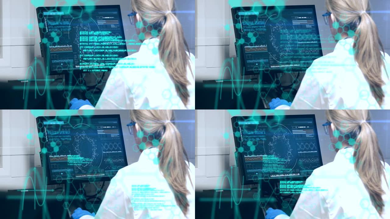 在实验室里用电脑工作的女人的数学方程式。
