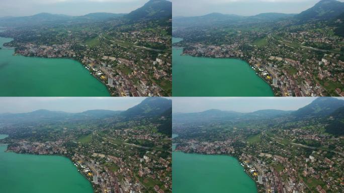 蒙特勒城日内瓦湖著名海湾山空中全景4k瑞士日间飞行