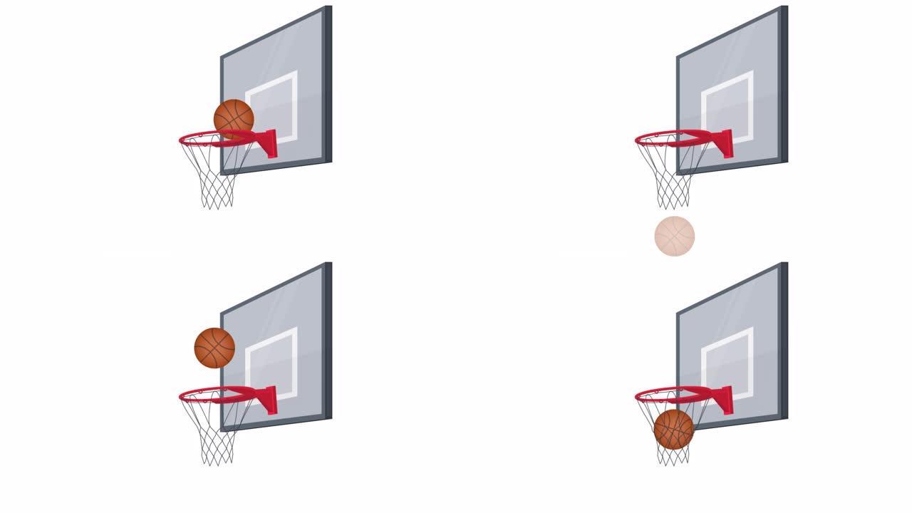 篮球动画。篮球架和球。卡通