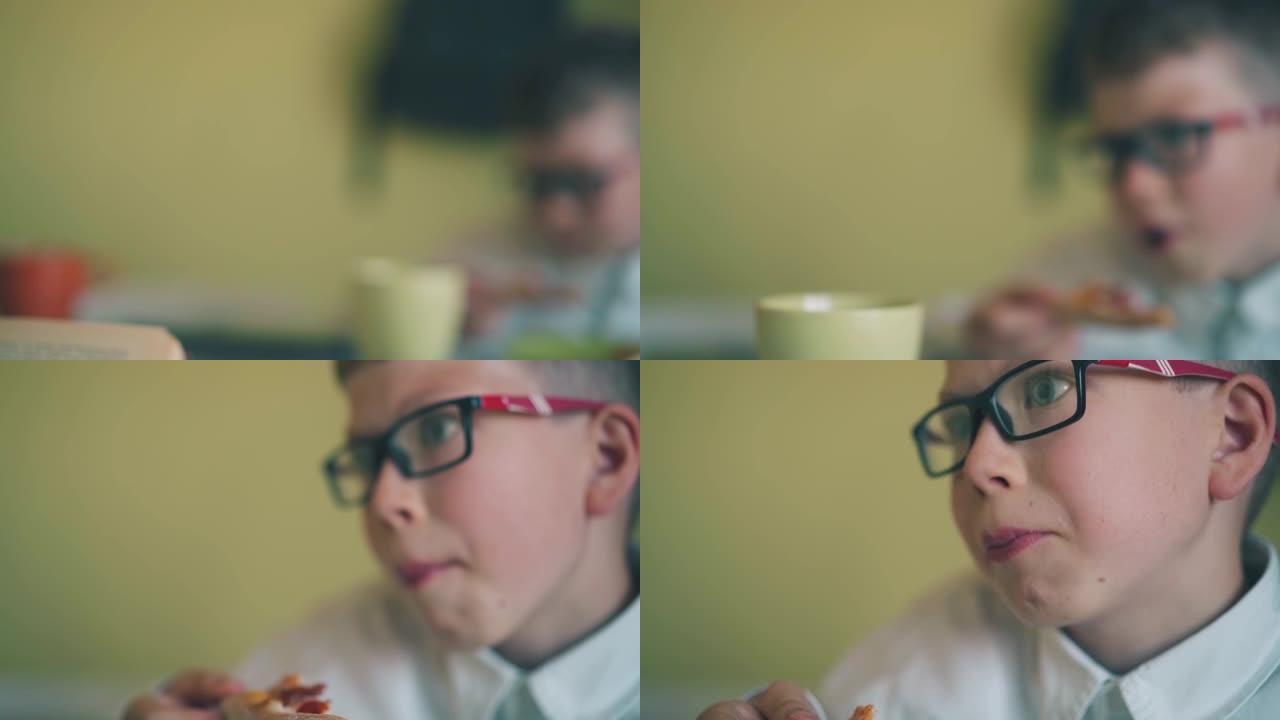带着书的男孩和在餐桌上吃披萨的孩子过去的动作