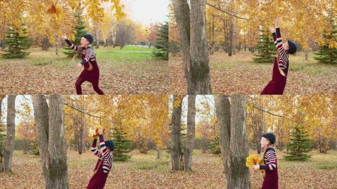 无忧无虑的女孩在秋天的公园里抛出黄色的枫树花束。在秋天的公园里，微笑的女孩从落叶上接过一束花。快乐的