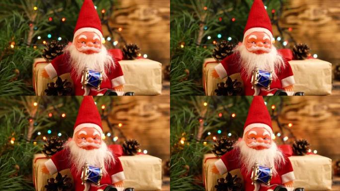 长着白色大胡子的毛绒红色圣诞老人，坐在背景的木制背景上，模糊的花环