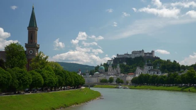 夏季萨尔茨堡市中心河畔慢动作全景4k奥地利