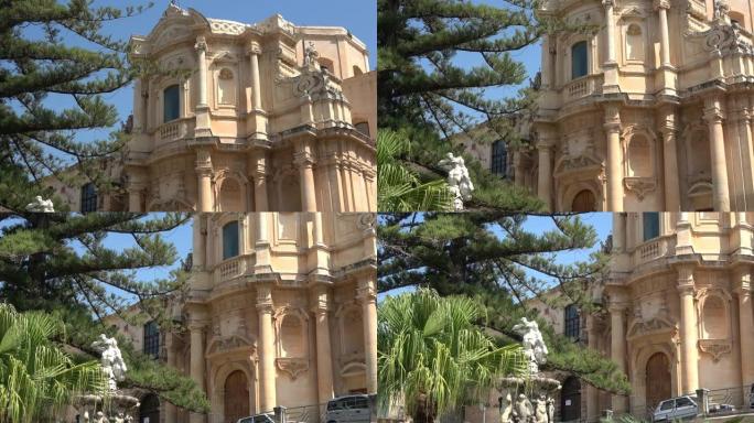 西西里岛诺托镇巴洛克奇迹-联合国教科文组织遗产。赫拉克勒斯喷泉和圣多梅尼科教堂。镜头4k
