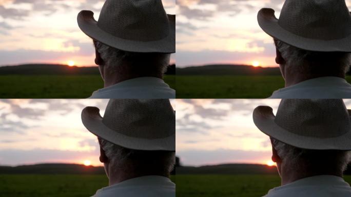 戴着牛仔帽的农民看着日落站在乡村田野里