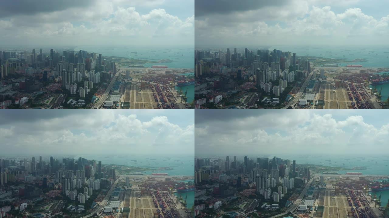 阳光云新加坡城市著名市中心港湾交通道路空中全景4k