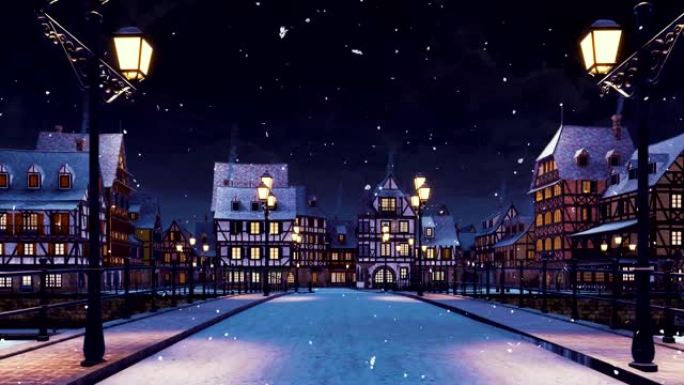 下雪的冬夜舒适的中世纪欧洲小镇