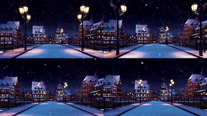 下雪的冬夜舒适的中世纪欧洲小镇