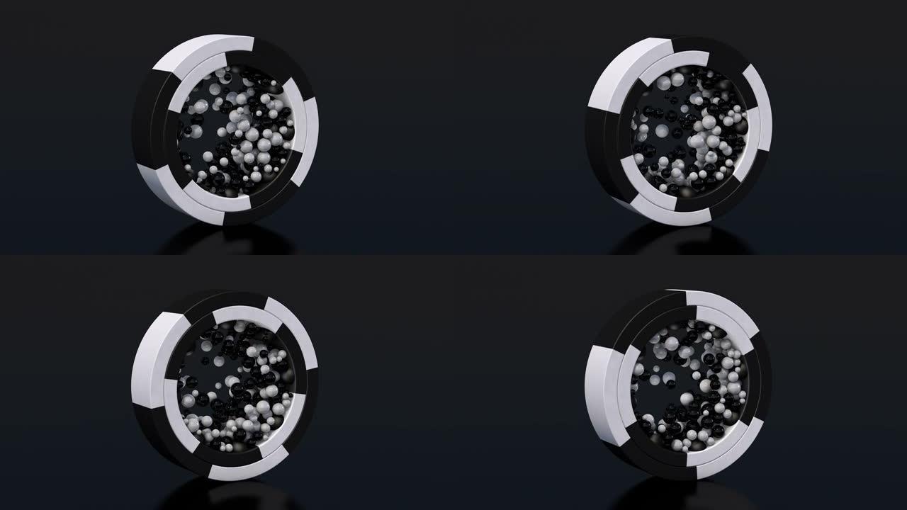 黑白戒指和玻璃球。抽象动画，3d渲染。