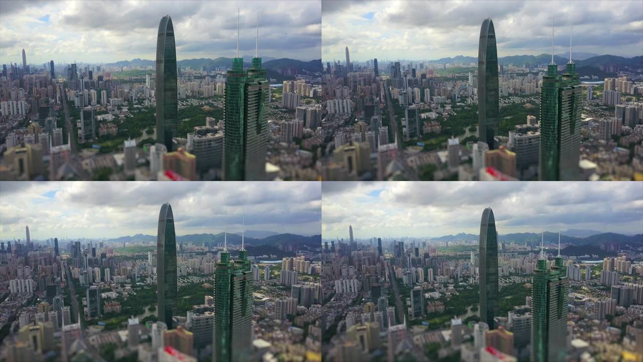 白天深圳城市景观著名建筑空中全景4k倾斜移位中国