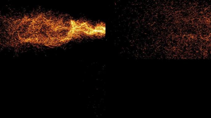 许多炽热的火花从一个粒子中飞出。抽象粒子背景。