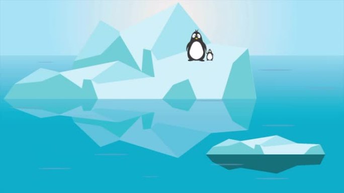 企鹅家族带着担心的紧张脸跳上融化的冰山动画剪辑