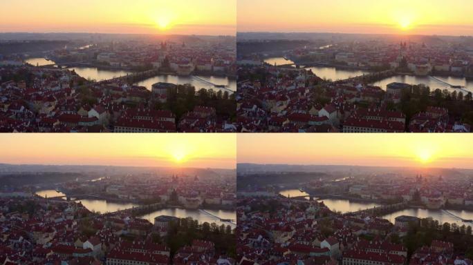 日出时布拉格上空的鸟瞰图
