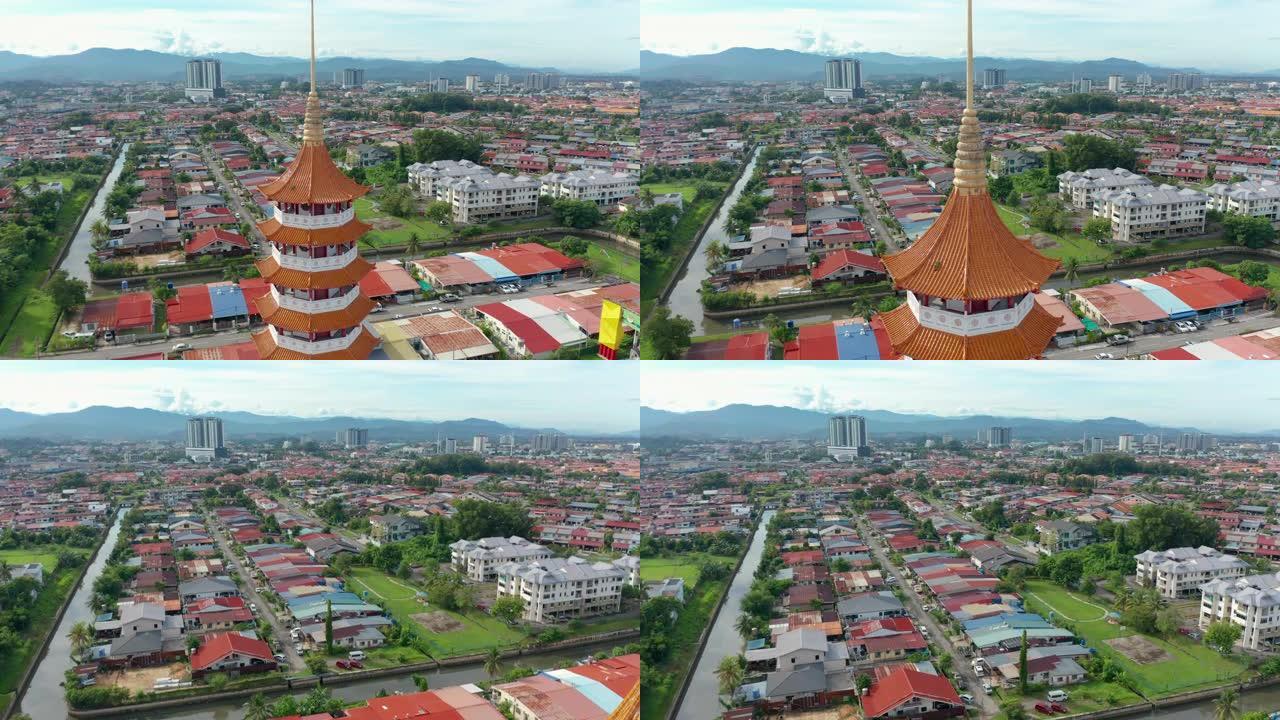 位于马来西亚沙巴州亚庇市的中国寺峰Nam Toong Pagoda的4k航拍画面。