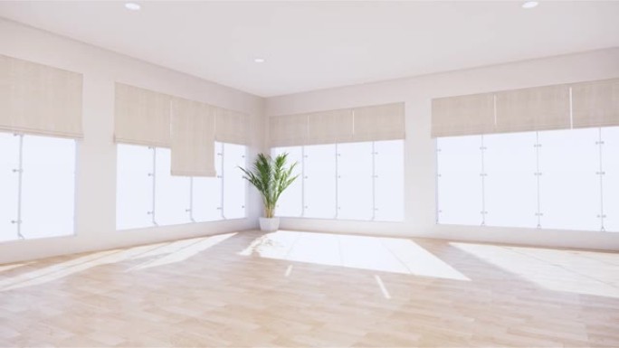 老式空房间内部，白色墙壁背景为木地板。3D渲染