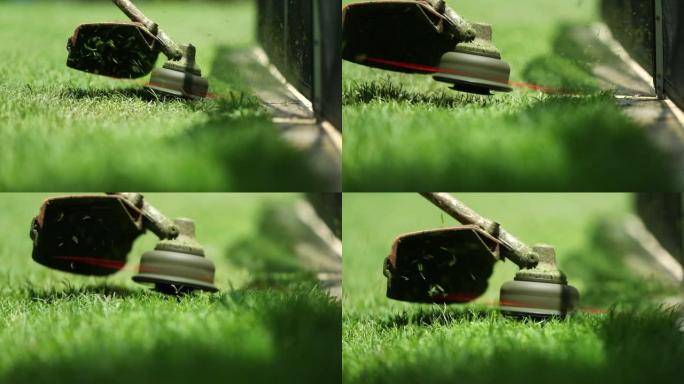 用机器修剪草坪，用割草机在120fps慢动作中修剪草