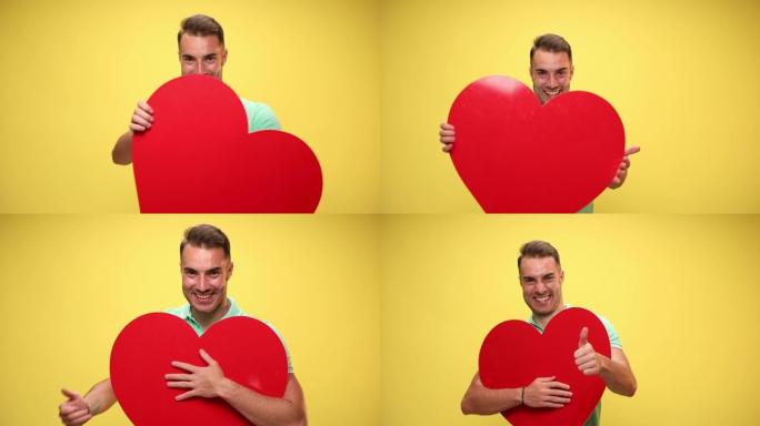 恋爱中的休闲男人展示并拥抱他的红色大心脏，并在黄色背景上竖起大拇指