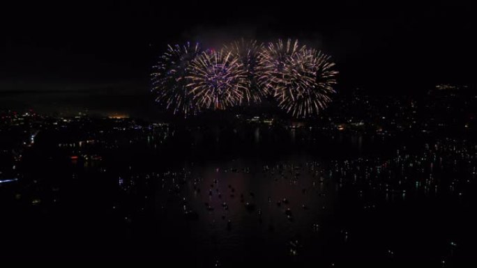苏黎世城市夏夜著名的湖烟花表演空中全景4k瑞士