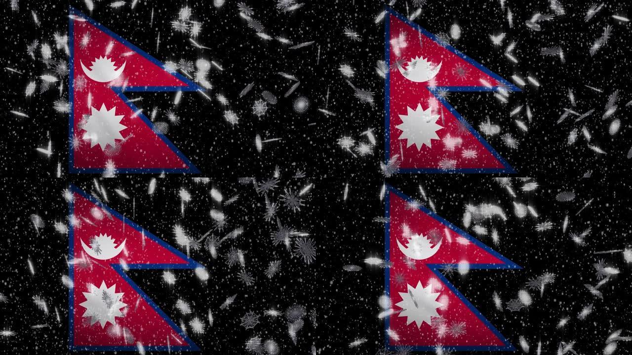 尼泊尔国旗降雪圈，新年和圣诞节背景，圈