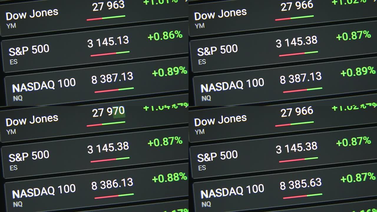 数字屏幕上的美国股票市场利率