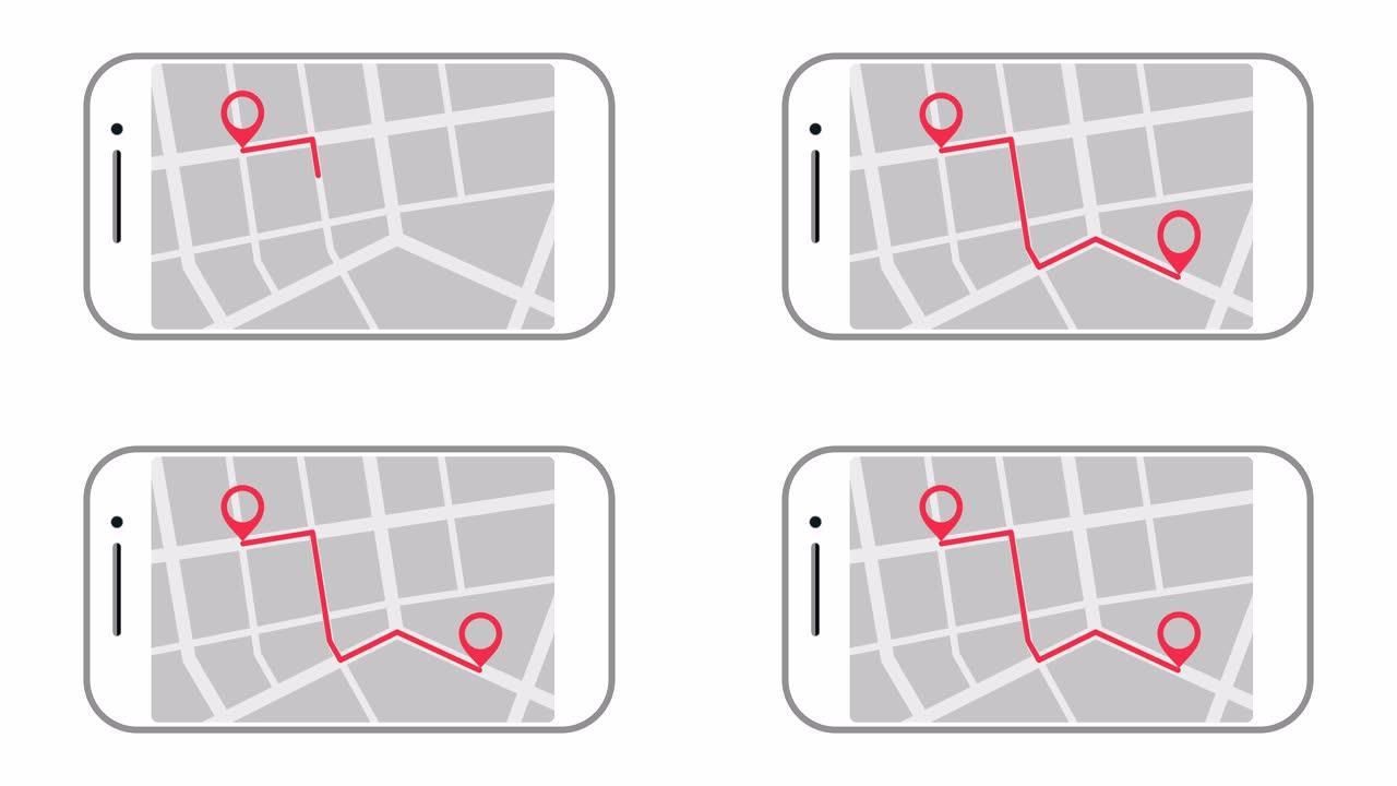 智能手机显示屏上的地理图钉标签和地图路线。屏幕上有地图的手机。GPS、目的地导航和指针标记图标概念。