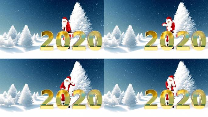 圣诞老人在2020文本后面跳舞，假期冬季背景 _ 1