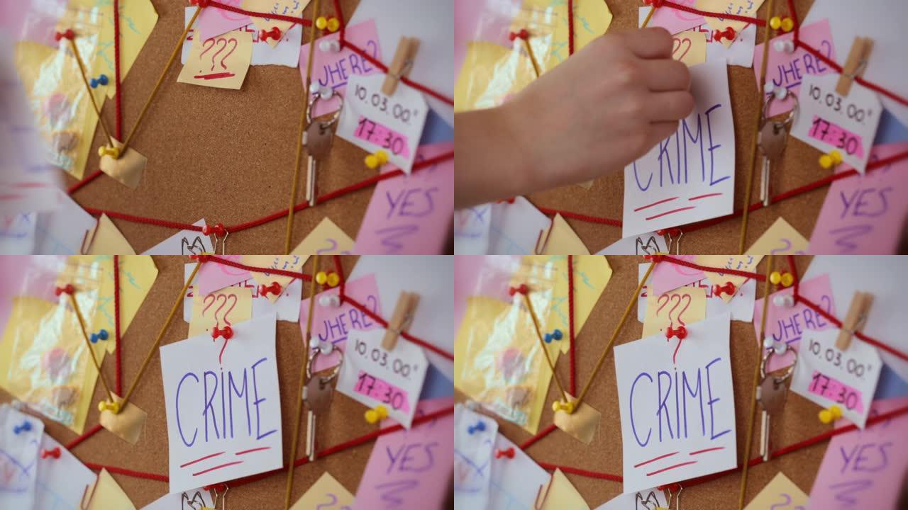 犯罪搜索概念。有证据的侦探板的特写镜头。在中心女人的手别针一张白纸上的题字罪犯