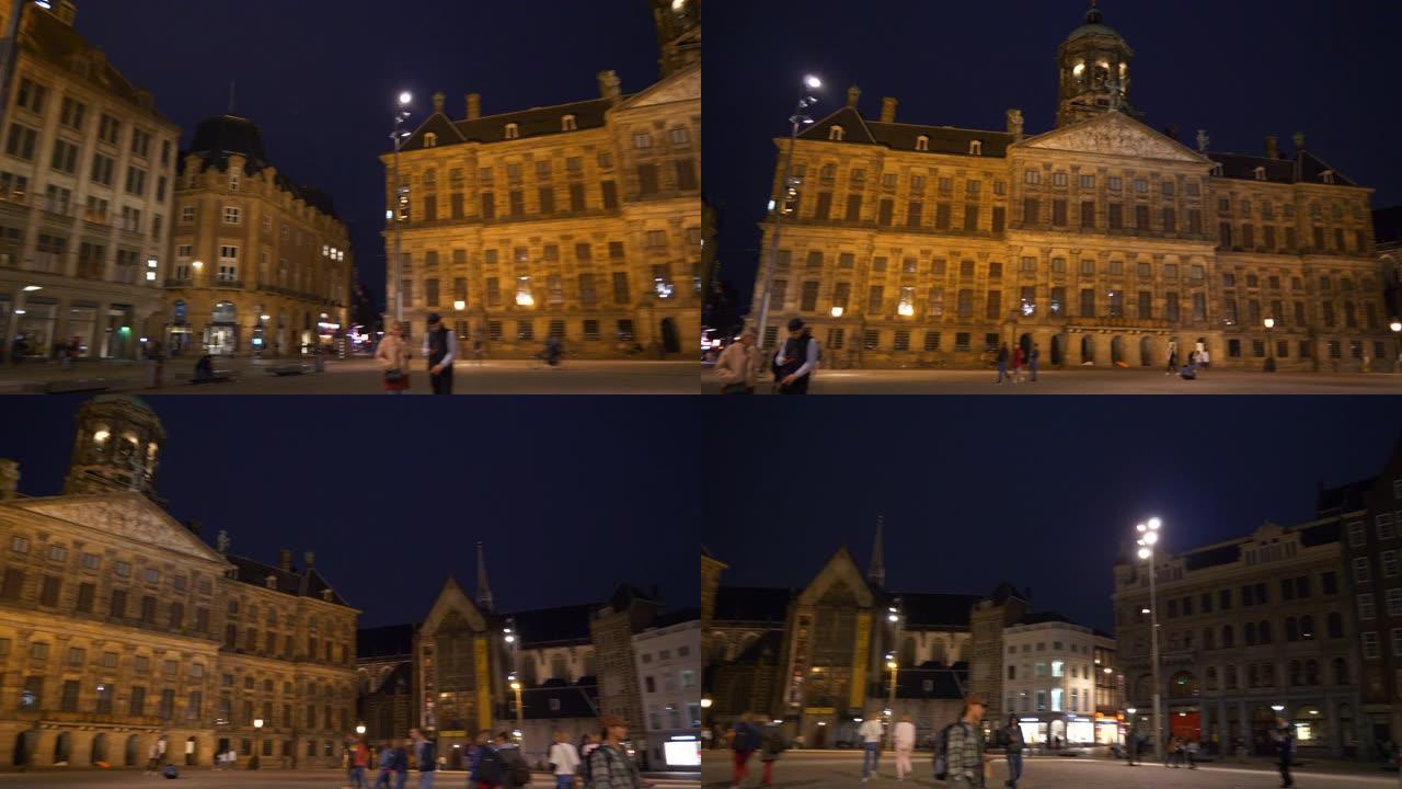 夜间照明阿姆斯特丹市中心著名广场全景4k荷兰