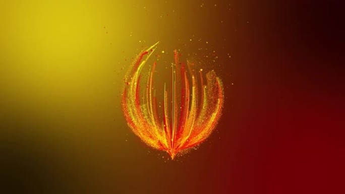 3D渲染彩色红色黄色粒子线像一朵花一样绽放。深黄色红色背景上的发光线条和浅色颗粒。