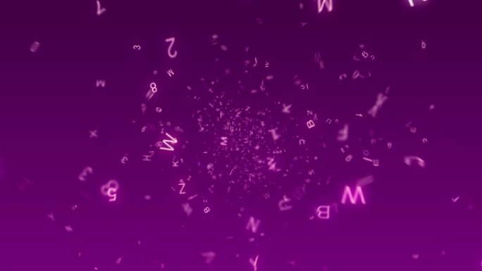 浮动英文字母和数字的动画。背景颜色是紫色。镜头在旋转。