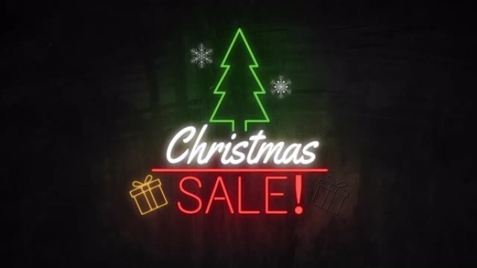 墙上的圣诞销售霓虹灯。促销视频的销售横幅闪烁霓虹灯标志风格。销售和清仓的概念
