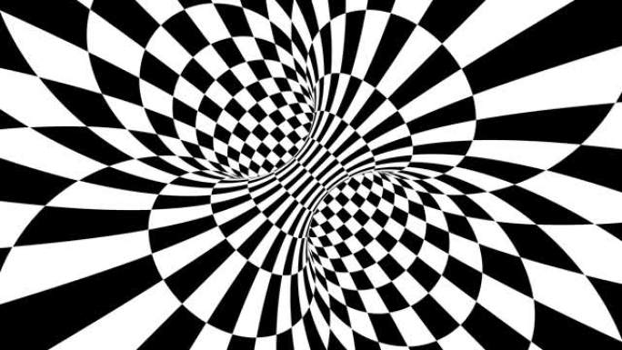 黑白迷幻的视错觉。抽象催眠动画背景。方格几何循环壁纸