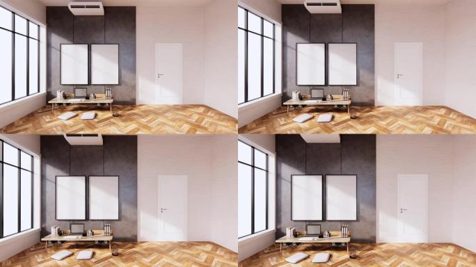 室内电脑和办公工具放在房间混凝土和白色砖墙设计的迷你桌子上。3D渲染
