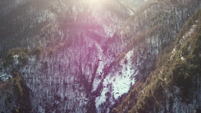 冬季林地山上的太阳反射