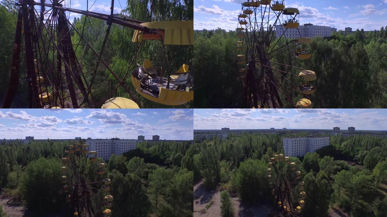 乌克兰切尔诺贝利附近普里皮亚季摩天轮的航拍画面。4K