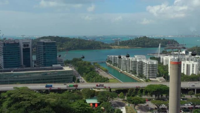 新加坡城市晴天圣淘沙岛交通路海湾缆车空中全景4k