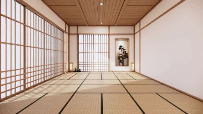 日本室内设计，现代客厅。3d插图，3d渲染